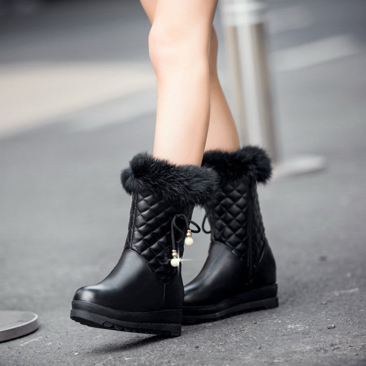 Women's Round Toe Tied Straps Pearls Flat Platform Mid-Calf Boots