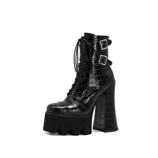 Women's Crocodile Pattern Round Toe Lace Up Buckle Straps Side Zippers Block Chunky Heel Platform Ankle Boots
