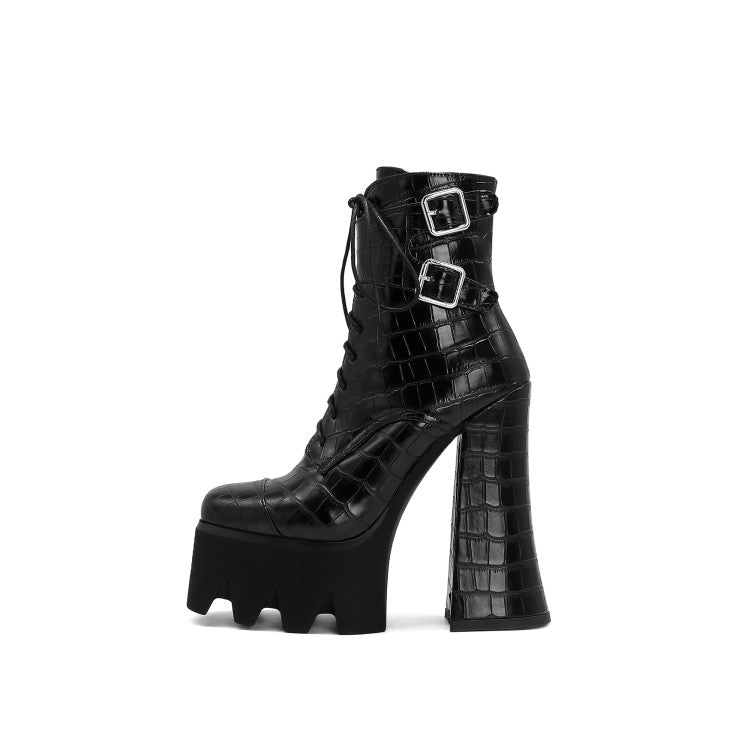 Women's Crocodile Pattern Round Toe Lace Up Buckle Straps Side Zippers Block Chunky Heel Platform Ankle Boots