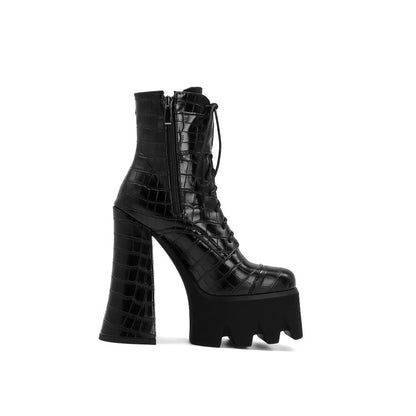 Women's Crocodile Pattern Round Toe Lace Up Buckle Straps Side Zippers Block Chunky Heel Platform Ankle Boots