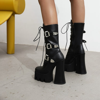 Women's Pu Leather Square Toe Lace Up Buckle Straps Block Chunky Heel Platform Mid-calf Boots