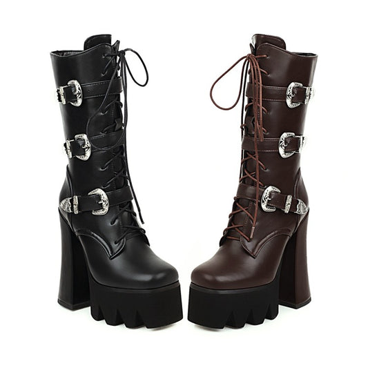 Women's Pu Leather Square Toe Lace Up Buckle Straps Block Chunky Heel Platform Mid-calf Boots