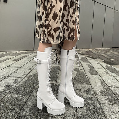 Women's Round Toe Side Zippers Buckle Straps Block Chunky Heel Platform Tall Boots