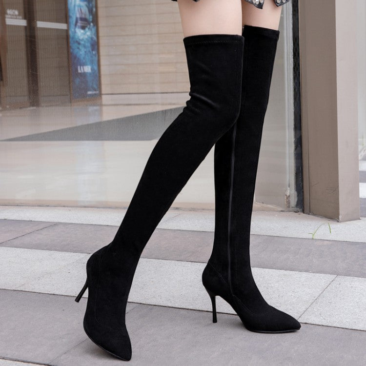 Women's Flock Pointed Toe Stiletto Heel Over Knee Boots