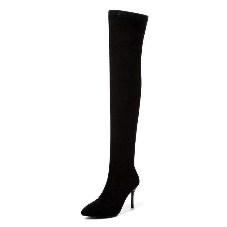 Women's Flock Pointed Toe Stiletto Heel Over Knee Boots