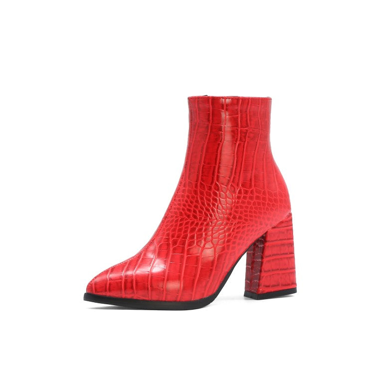 Women's Crocodile Pattern Pu Leather Pointed Toe Side Zippers Block Chunky Heel Short Boots