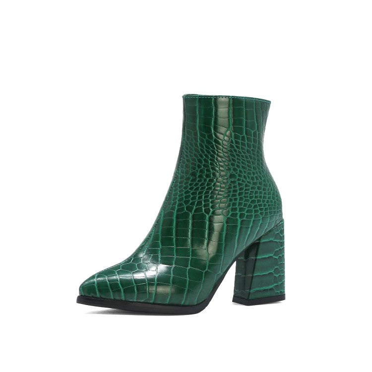 Women's Crocodile Pattern Pu Leather Pointed Toe Side Zippers Block Chunky Heel Short Boots