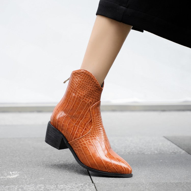 Women's Crocodile-print Pu Leather Pointed Toe Back Zippers Block Chunky Heel Cowboy Short Boots