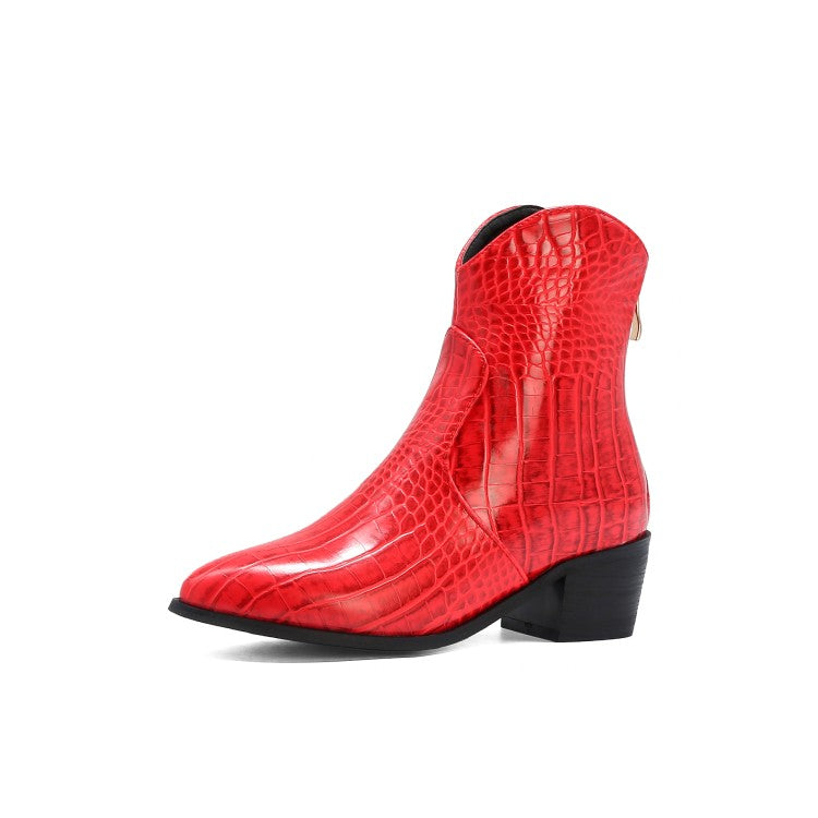 Women's Crocodile-print Pu Leather Pointed Toe Back Zippers Block Chunky Heel Cowboy Short Boots