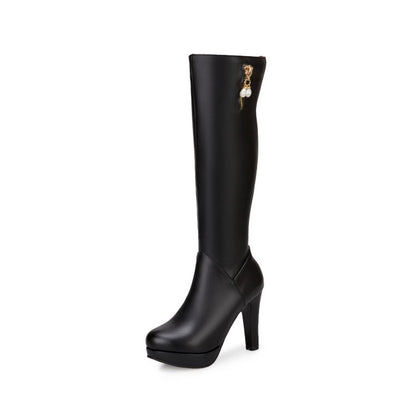 Women's Side Zippers Knee High Pearls Block Chunky Heel Platform Knee High Boots