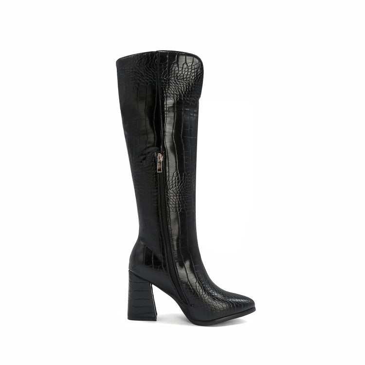 Women's Crocodile Pattern Pointed Toe Side Zippers Block Chunky Heel Knee High Boots