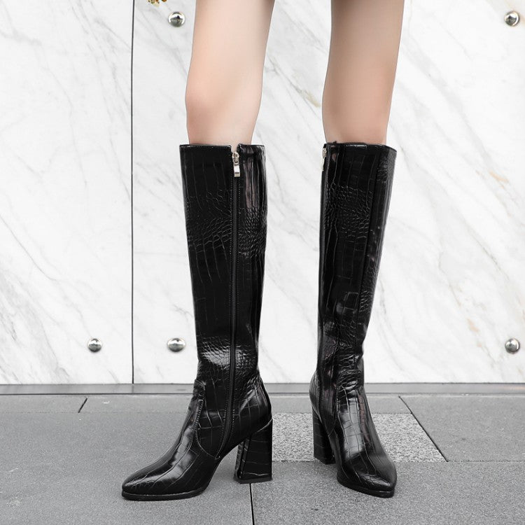 Women's Crocodile Pattern Pu Leather Pointed Toe Side Zippers Block Chunky Heel Knee High Boots