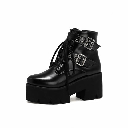 Women's Glossy Round Toe Side Zippers Buckle Straps Lace Up Block Chunky Heel Platform Short Boots