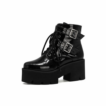 Women's Glossy Round Toe Side Zippers Buckle Straps Lace Up Block Chunky Heel Platform Short Boots