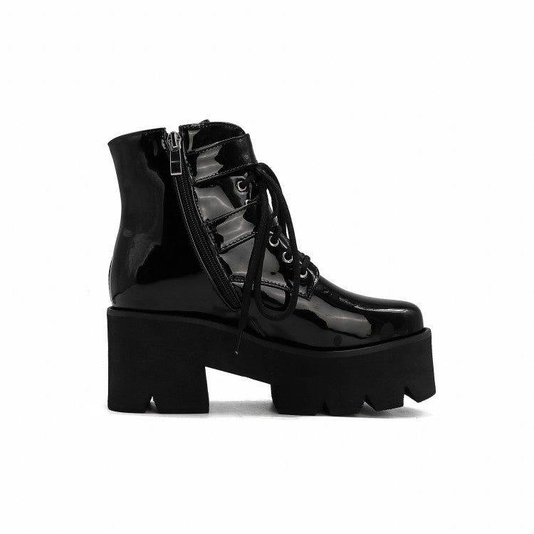 Women's Glossy Round Toe Side Zippers Buckle Straps Lace Up Block Chunky Heel Platform Short Boots