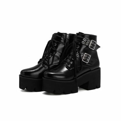 Women's Glossy Round Toe Side Zippers Buckle Straps Lace Up Block Chunky Heel Platform Short Boots