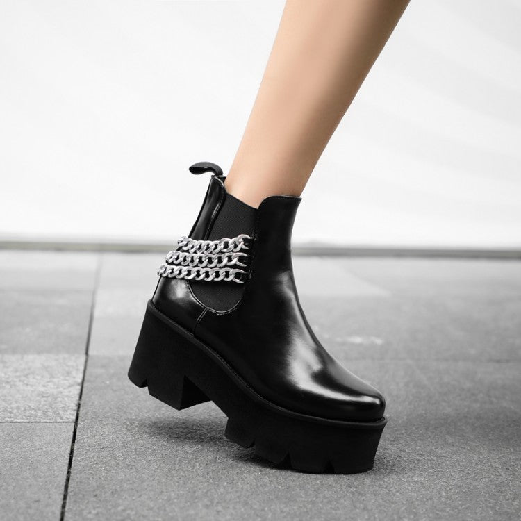 Women's Glossy Round Toe Stretch Metal Chains Block Chunky Heel Platform Short Boots