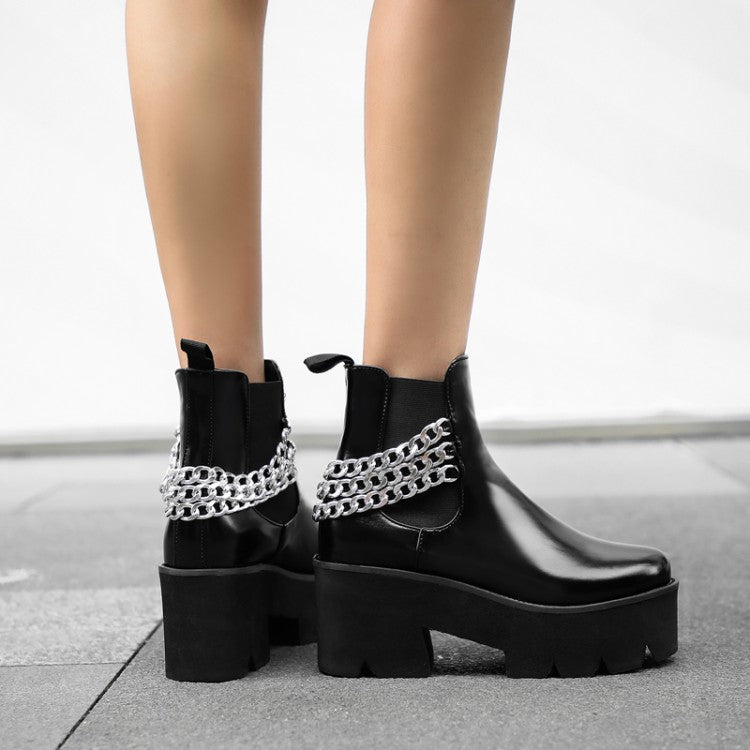Women's Glossy Round Toe Stretch Metal Chains Block Chunky Heel Platform Short Boots