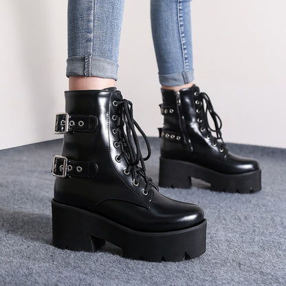 Women's Lace Up Buckle Straps Riding Block Chunky Heel Platform Short Boots