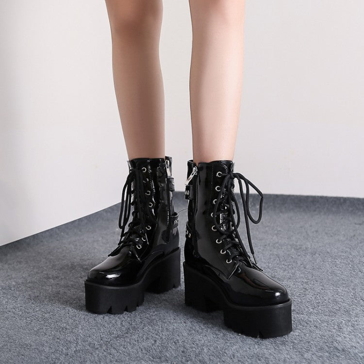 Women's Lace Up Buckle Straps Riding Block Chunky Heel Platform Short Boots