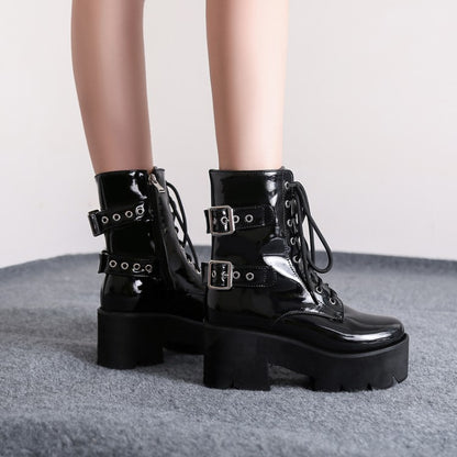 Women's Lace Up Buckle Straps Riding Block Chunky Heel Platform Short Boots