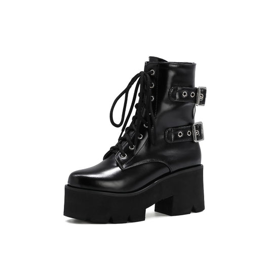 Women's Lace Up Buckle Straps Riding Block Chunky Heel Platform Short Boots