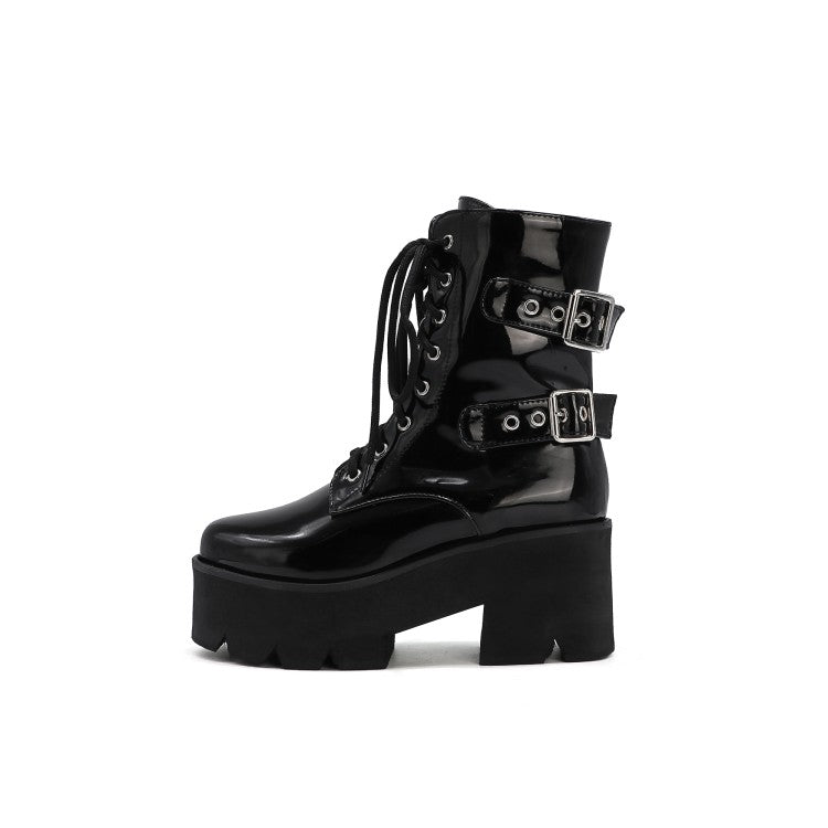 Women's Lace Up Buckle Straps Riding Block Chunky Heel Platform Short Boots