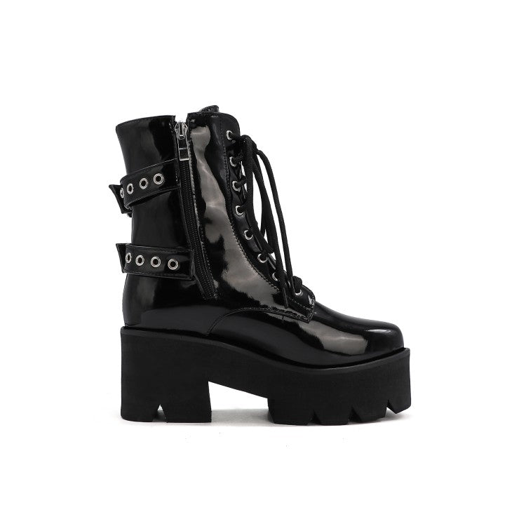 Women's Lace Up Buckle Straps Riding Block Chunky Heel Platform Short Boots