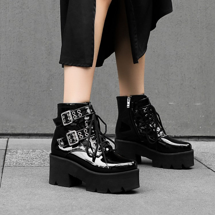 Women's Glossy Round Toe Side Zippers Buckle Straps Lace Up Block Chunky Heel Platform Short Boots