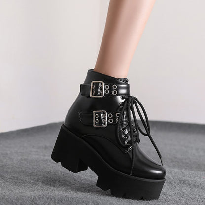 Women's Glossy Round Toe Side Zippers Buckle Straps Lace Up Block Chunky Heel Platform Short Boots