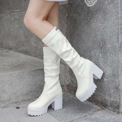 Women's Block Chunky Heel Platform Mid Calf Boots