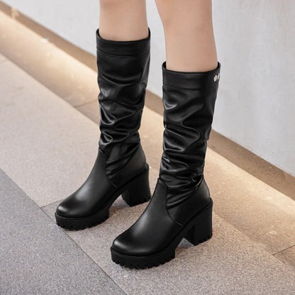 Women's Block Chunky Heel Platform Mid Calf Boots