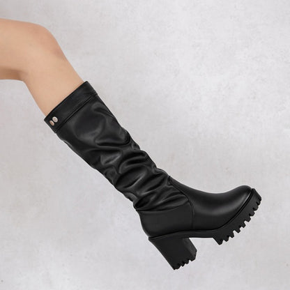 Women's Block Chunky Heel Platform Mid Calf Boots