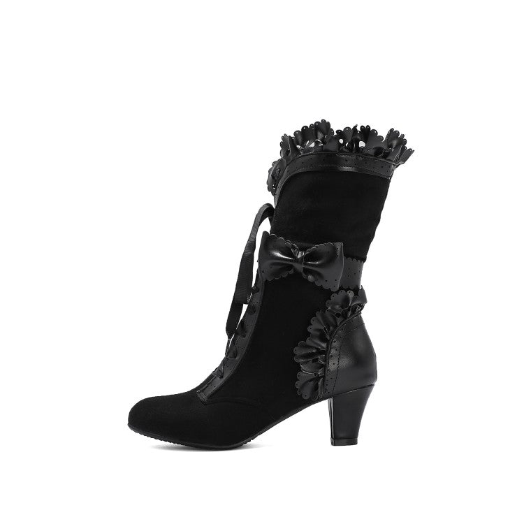 Women's Carved Pu Leather Pointed Toe Ruffles Lace Up Bow Tie Puppy Heel Ankle Boots