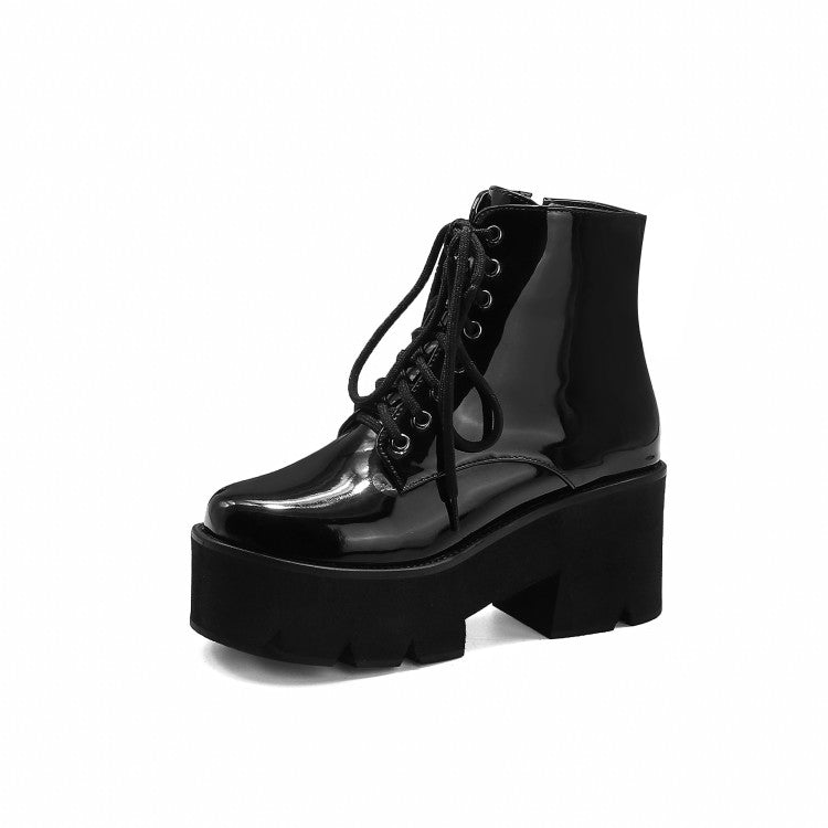 Women's Glossy Round Toe Lace Up Side Zippers Block Chunky Heel Platform Short Boots