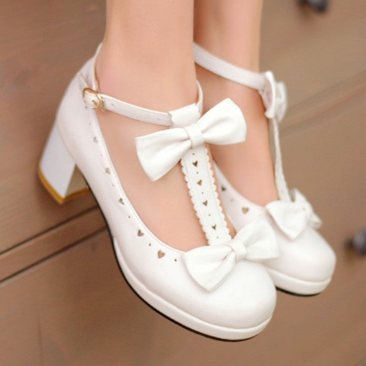 Women's Carved Bow Tie T Strap Block Heel Platform Pumps