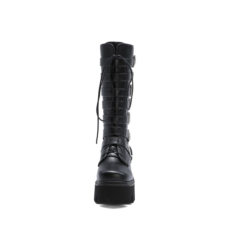 Women's Pu Leather Lace Up Buckle Straps Block Chunky Heel Platform Mid-calf Boots