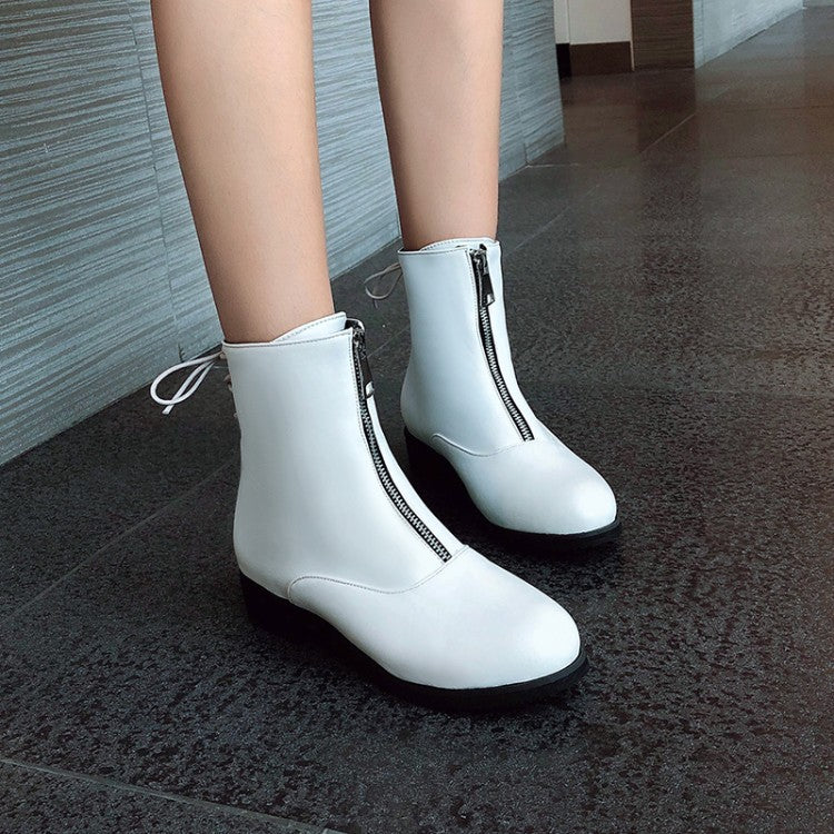 Women's Pu Leather Back Tied Straps Zippers Block Chunky Heel Platform Ankle Boots