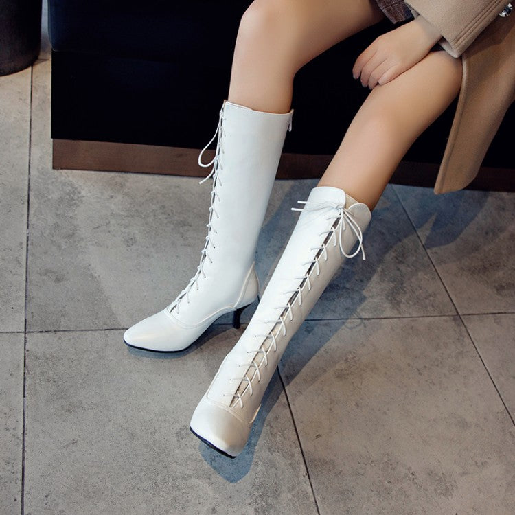 Women's Pointed Toe Lace Up Stiletto Heel Knee High Boots