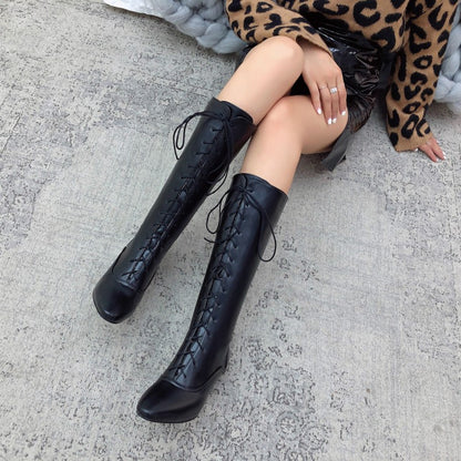 Women's Pointed Toe Lace Up Stiletto Heel Knee High Boots