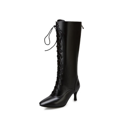 Women's Pointed Toe Lace Up Stiletto Heel Knee High Boots