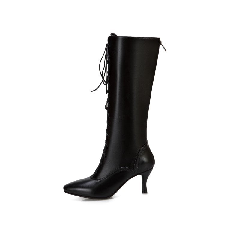 Women's Pointed Toe Lace Up Stiletto Heel Knee High Boots