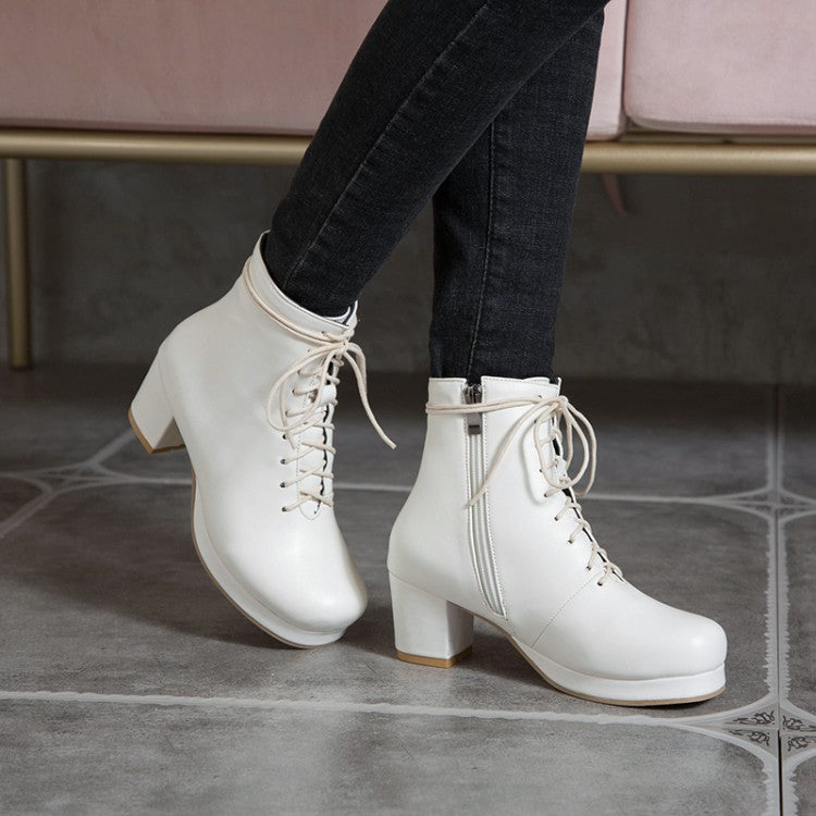 Women's Pu Leather Round Toe Lace Up Side Zippers Block Chunky Heel Platform Ankle Boots