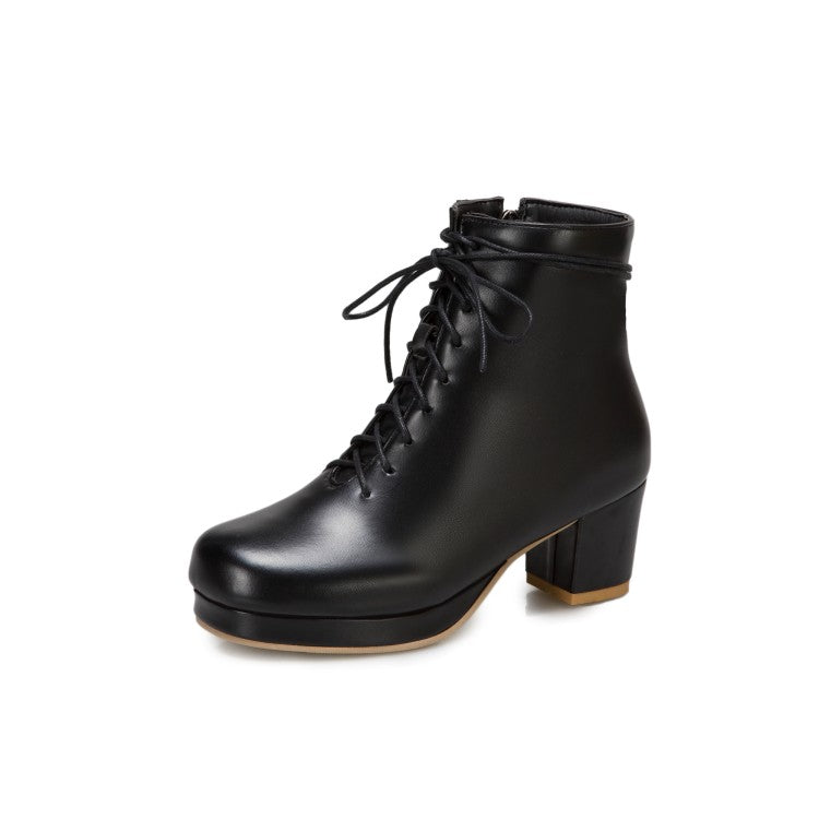 Women's Pu Leather Round Toe Lace Up Side Zippers Block Chunky Heel Platform Ankle Boots