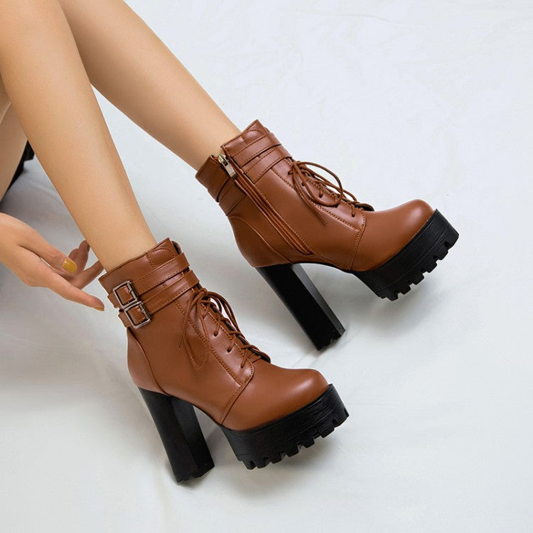 Women's Pu Leather Almond Toe Lace Up Buckle Straps Block Chunky Heel Platform Ankle Boots