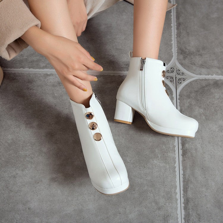 Women's Pu Leather Round Toe Stitch Buttons Side Zippers Block Chunky Heel Platform Ankle Boots