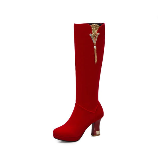 Women's Flock Rhinestone Tassel Spool Heel Platform Knee High Boots