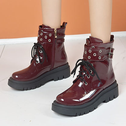 Women's Glossy Lace Up Buckles Belts Flat Platform Short Boots