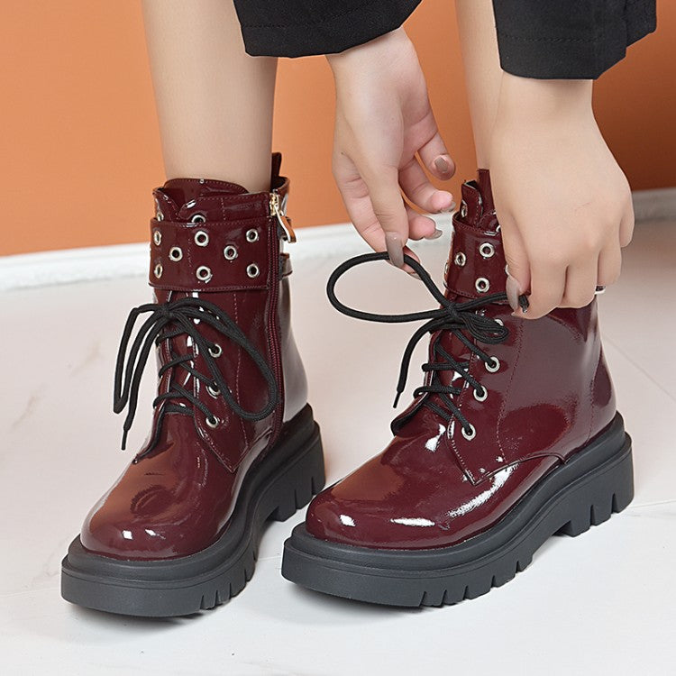 Women's Glossy Lace Up Buckles Belts Flat Platform Short Boots