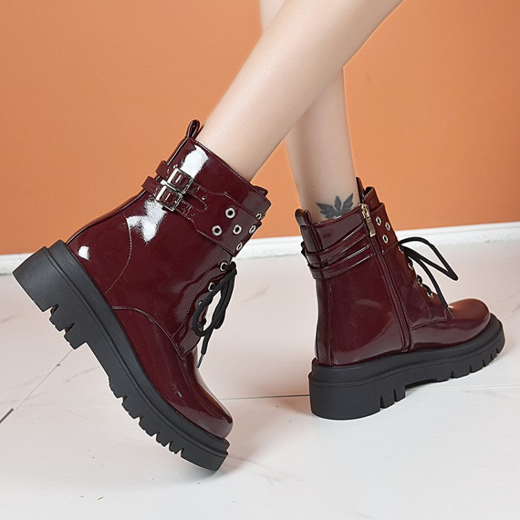 Women's Glossy Lace Up Buckles Belts Flat Platform Short Boots